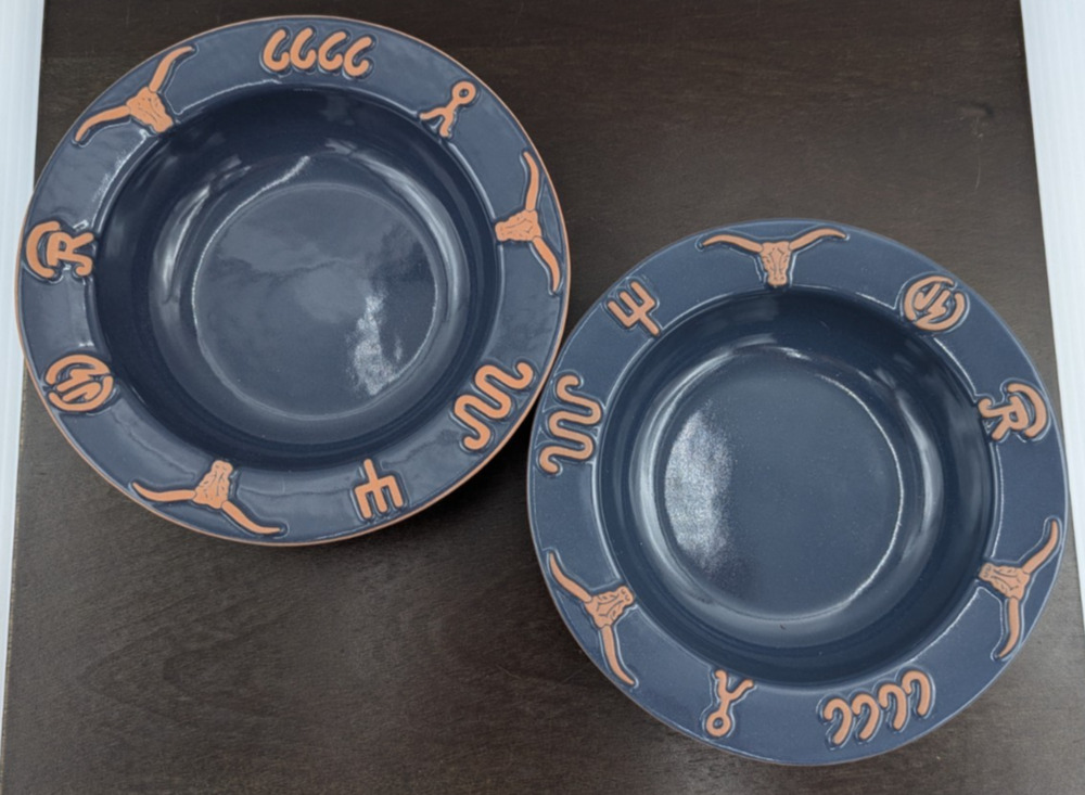 Frankoma Pottery Ranch Navy Blue Rim Soup Bowl set of 2 Cattle Brands 7-3/4"